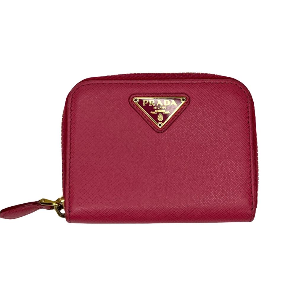 Prada Saffiano Leather Zip Coin Purse Wallet Pink Gold Logo Italy Small